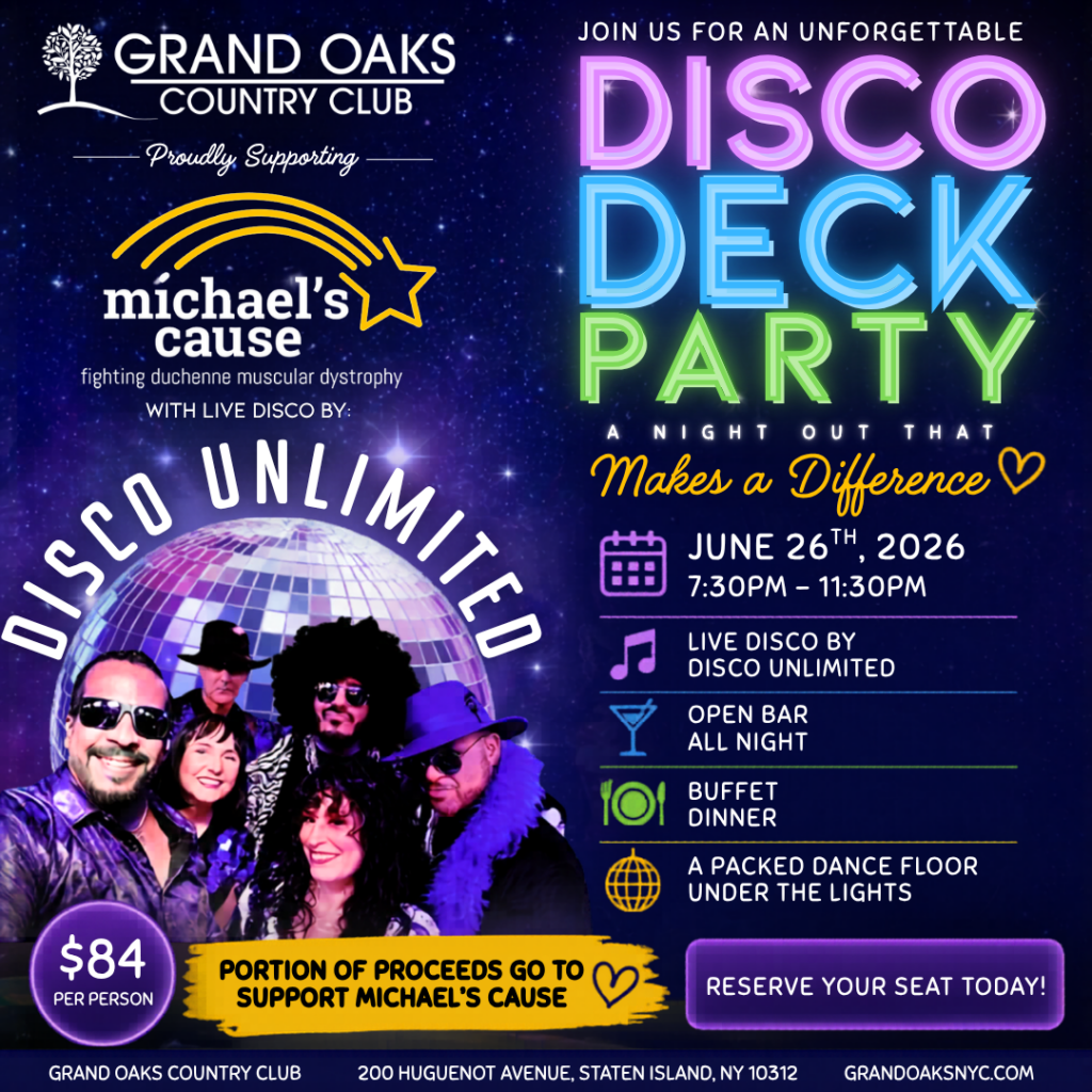 Disco Deck Party flyer for Michael’s Cause at Grand Oaks Country Club on June 26, 2026, featuring Disco Unlimited, open bar, buffet dinner, and dancing.