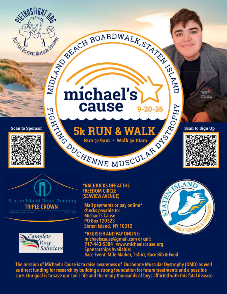 Michael’s Cause Step for a Cure 5K Run and Walk flyer with race details, registration information, sponsorship options, and QR codes.